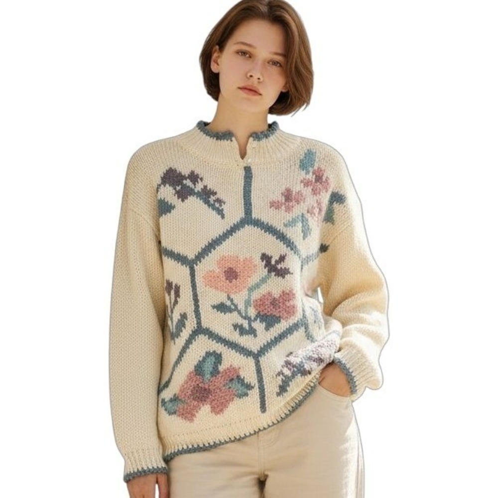 Maggie Lawrence Cream Floral Hexagon Hand Knit Design Sweater Medium Jr Ms
